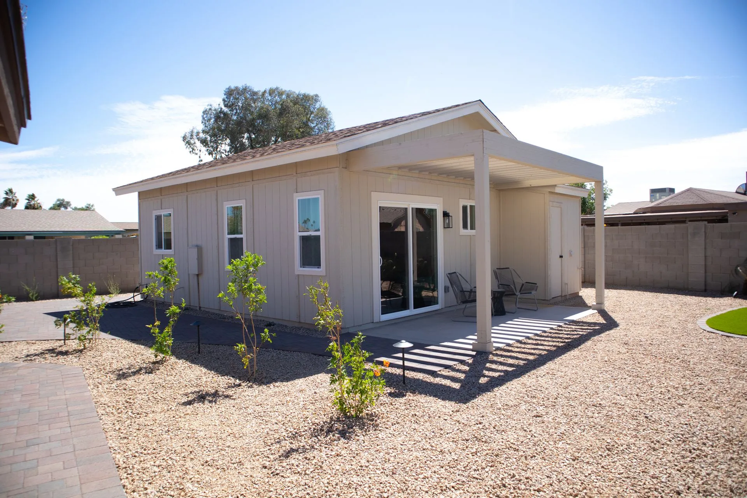 Finished detached casita exterior with covered patio